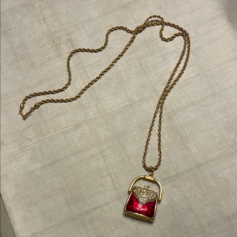 Elegant Gold and Red Handbag Locket Pendant Necklace with Swarovski Crystals